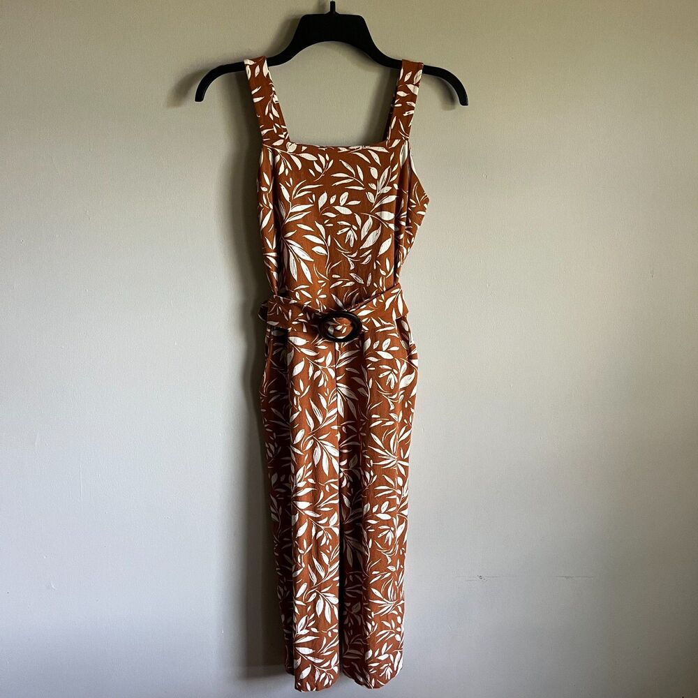 Monteau Los Angeles Wide-Leg Jumpsuit Linen Blend Rust Leaf Print Belt Size XS